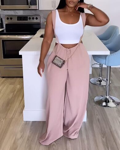 Womens Drawstring Wide Leg Suspender Pants Sleeveless Solid Casual Loose Fit Jumpsuit for Office Daily Street Outdoor in Saudi Arabia
