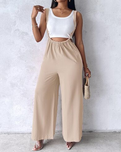 Womens Drawstring Wide Leg Suspender Pants Sleeveless Solid Casual Loose Fit Jumpsuit for Office Daily Street Outdoor in Saudi Arabia
