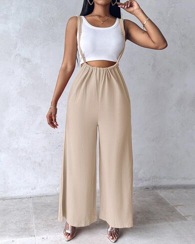 Womens Drawstring Wide Leg Suspender Pants Sleeveless Solid Casual Loose Fit Jumpsuit for Office Daily Street Outdoor in Saudi Arabia