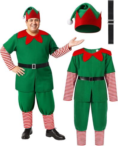 Mepase 4 Pcs Plus Size 2X Christmas Elf Costume for Men Christmas Elf Outfit Santa Helper Costume with Hat Belt Cosplay Suit for Xmas Adult Fancy Dress Party in Saudi Arabia