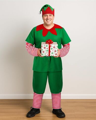 Mepase 4 Pcs Plus Size 2X Christmas Elf Costume for Men Christmas Elf Outfit Santa Helper Costume with Hat Belt Cosplay Suit for Xmas Adult Fancy Dress Party in Saudi Arabia