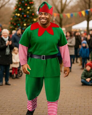 Mepase 4 Pcs Plus Size 2X Christmas Elf Costume for Men Christmas Elf Outfit Santa Helper Costume with Hat Belt Cosplay Suit for Xmas Adult Fancy Dress Party in Saudi Arabia
