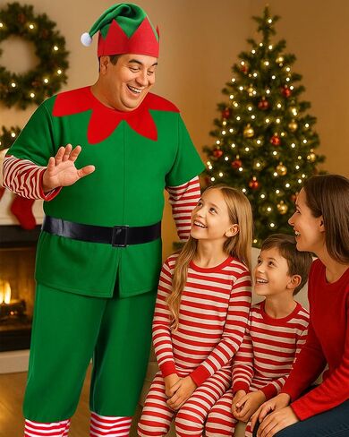Mepase 4 Pcs Plus Size 2X Christmas Elf Costume for Men Christmas Elf Outfit Santa Helper Costume with Hat Belt Cosplay Suit for Xmas Adult Fancy Dress Party in Saudi Arabia