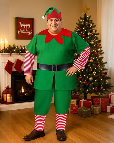 Mepase 4 Pcs Plus Size 2X Christmas Elf Costume for Men Christmas Elf Outfit Santa Helper Costume with Hat Belt Cosplay Suit for Xmas Adult Fancy Dress Party in Saudi Arabia