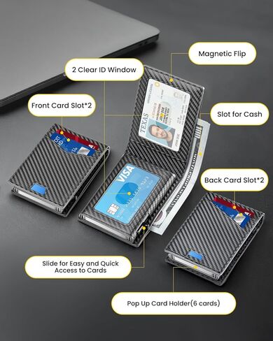 محفظة للرجال محفظة RFID مع نافذتين لبطاقة الهوية وفتحة للنقود، محفظة نحيفة ثنائية الطي مع حامل بطاقات منبثق لـ 12-13 بطاقة، جيب أمامي، هدايا للرجال (ألياف الكربون) in Saudi Arabia