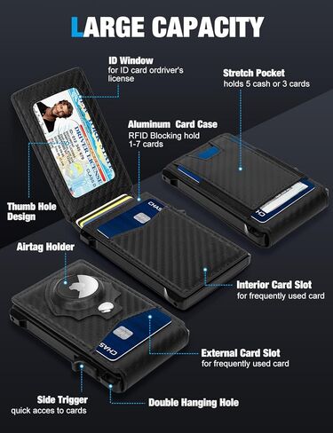 Airtag Wallet for Men, Mens Smart Wallet for Air Tag RFID Blocking, Minimalist Bifold Pop Up Aluminum Credit Card Case Holder 9-13 Cards with ID Window & Stretchable Cash Slot, No Airtag Included in Saudi Arabia