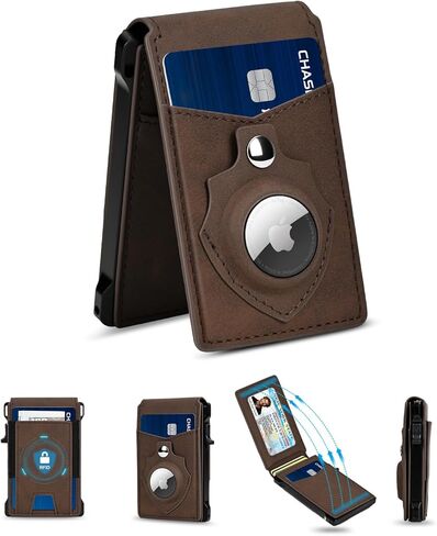 Airtag Wallet for Men, Mens Smart Wallet for Air Tag RFID Blocking, Minimalist Bifold Pop Up Aluminum Credit Card Case Holder 9-13 Cards with ID Window & Stretchable Cash Slot, No Airtag Included in Kuwait