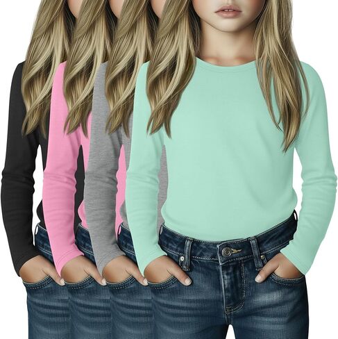 4 Pack Girl's Long Sleeve Shirts Soft Crew Neck Long Sleeve Tops Loose Fit Casual Basic Tees for 3-16 Years in Saudi Arabia