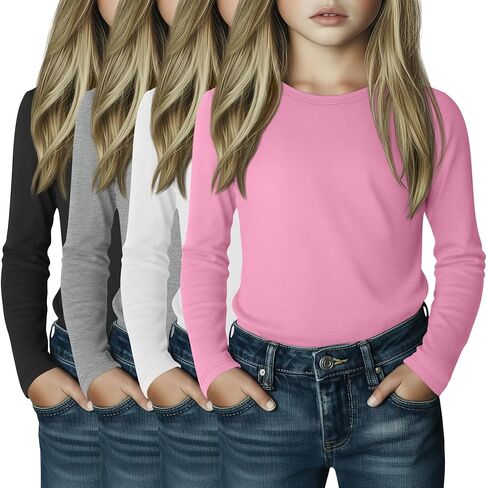 4 Pack Girl's Long Sleeve Shirts Soft Crew Neck Long Sleeve Tops Loose Fit Casual Basic Tees for 3-16 Years in Saudi Arabia