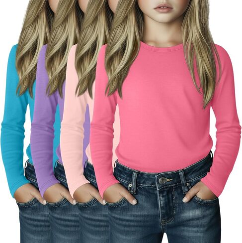 4 Pack Girl's Long Sleeve Shirts Soft Crew Neck Long Sleeve Tops Loose Fit Casual Basic Tees for 3-16 Years in Saudi Arabia