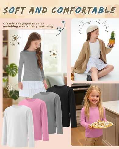 4 Pack Girl's Long Sleeve Shirts Soft Crew Neck Long Sleeve Tops Loose Fit Casual Basic Tees for 3-16 Years in Saudi Arabia