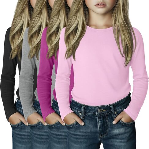 4 Pack Girl's Long Sleeve Shirts Soft Crew Neck Long Sleeve Tops Loose Fit Casual Basic Tees for 3-16 Years in Saudi Arabia