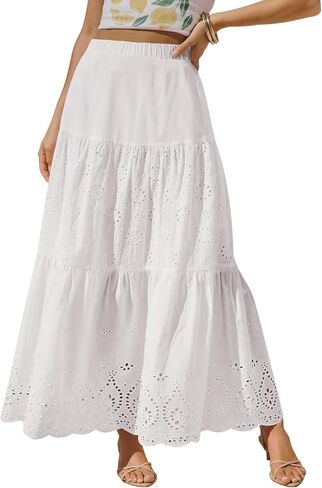 تنانير طويلة للنساء تنورة طويلة غير رسمية منفوشة بوهو مصنوعة من قطن الكروشيه الغربي بخصر عالٍ وكشكشة متدرجة لباس الخريف in Kuwait