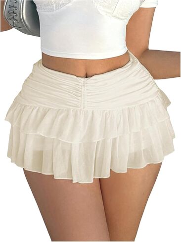Women's Ruffle Ruched Skirts Tiered Layer Elastic Mini Skirt Y2K Coquette Low Waist Flared Short Skirts in Kuwait