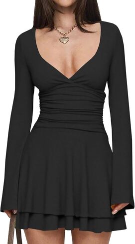 Women's Sexy V Neck Ruffle Hem Mini Dress Long Sleeve Ruched Waist Short Party Dress in Saudi Arabia