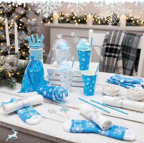 24 Set Christmas Gift: 16oz Snowflake Paper Cups & Fuzzy Socks, Bulk Winter Cupcake Gifts with Snowflake Theme Paper Straws, Bags & Toppers for Christmas, New Year Celebrations in Kuwait