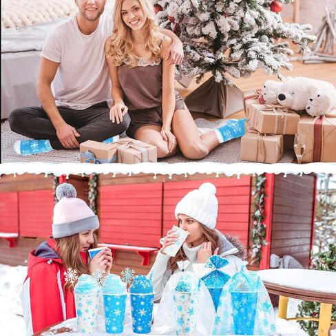 24 Set Christmas Gift: 16oz Snowflake Paper Cups & Fuzzy Socks, Bulk Winter Cupcake Gifts with Snowflake Theme Paper Straws, Bags & Toppers for Christmas, New Year Celebrations in Kuwait