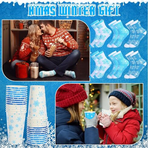 24 Set Christmas Gift: 16oz Snowflake Paper Cups & Fuzzy Socks, Bulk Winter Cupcake Gifts with Snowflake Theme Paper Straws, Bags & Toppers for Christmas, New Year Celebrations in Kuwait