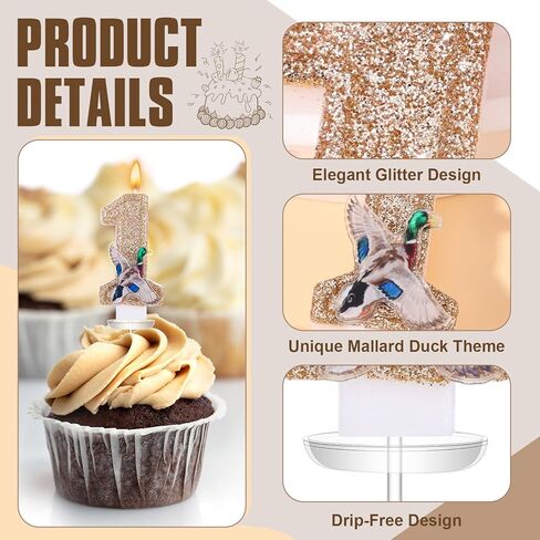 Mallard Duck Birthday Candle Number 1 Sparkly Glitter Cake Topper Gold Numeral Candle Hunting Season Green Duck Party Decoration for Baby Shower Birthday Party Celebration Supplies Keepsake in Kuwait