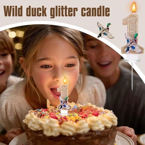 Mallard Duck Birthday Candle Number 1 Sparkly Glitter Cake Topper Gold Numeral Candle Hunting Season Green Duck Party Decoration for Baby Shower Birthday Party Celebration Supplies Keepsake in Kuwait