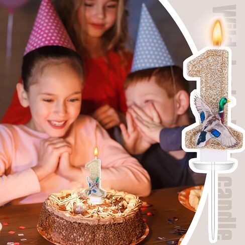 Mallard Duck Birthday Candle Number 1 Sparkly Glitter Cake Topper Gold Numeral Candle Hunting Season Green Duck Party Decoration for Baby Shower Birthday Party Celebration Supplies Keepsake in Kuwait