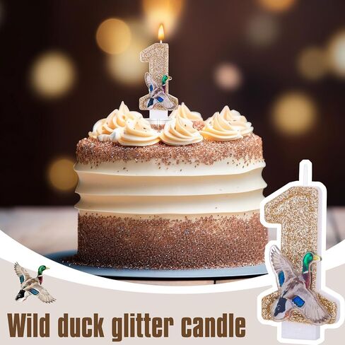 Mallard Duck Birthday Candle Number 1 Sparkly Glitter Cake Topper Gold Numeral Candle Hunting Season Green Duck Party Decoration for Baby Shower Birthday Party Celebration Supplies Keepsake in Kuwait
