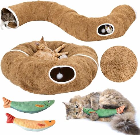 Cat Tunnel Bed for Indoor Cats, Cute Cat Donut Tunnel with Two Fish Toys, Washable Circle Cushion, Round Pet Peekaboo Cave Toy for Kitten/Puppy/Rabbit in Saudi Arabia