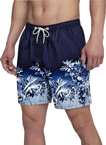 Men's Swim Trunks with Tropical Palm Tree Print, Navy Blue Quick Dry Board Shorts with Drawstring in Saudi Arabia