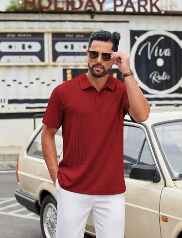 COOFANDY Mens Polo Shirt Textured Knit Button Casual Short Sleeve Summer Vacation Beach Stretchy Golf Shirts in Kuwait