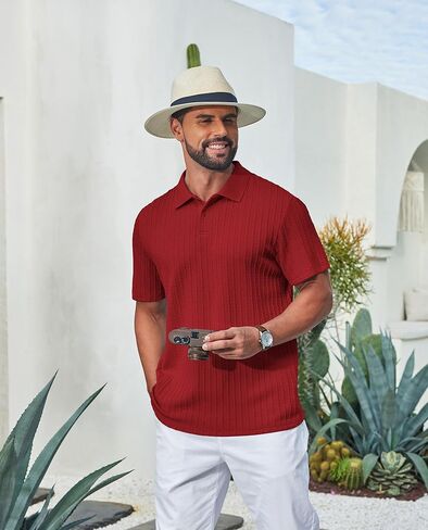 COOFANDY Mens Polo Shirt Textured Knit Button Casual Short Sleeve Summer Vacation Beach Stretchy Golf Shirts in Kuwait