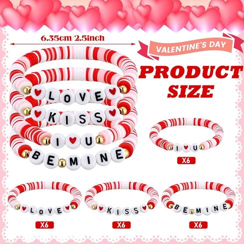 24 Pcs Valentine's Day Bracelet Bulk Heart Polymer Clay Beaded Stretch Valentines Bracelets for Women Galentines Party Favor in Saudi Arabia