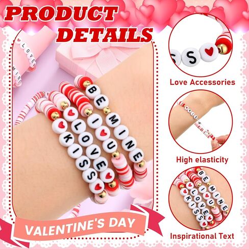 24 Pcs Valentine's Day Bracelet Bulk Heart Polymer Clay Beaded Stretch Valentines Bracelets for Women Galentines Party Favor in Saudi Arabia