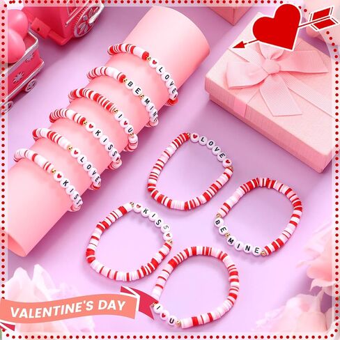 24 Pcs Valentine's Day Bracelet Bulk Heart Polymer Clay Beaded Stretch Valentines Bracelets for Women Galentines Party Favor in Saudi Arabia