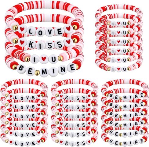 24 Pcs Valentine's Day Bracelet Bulk Heart Polymer Clay Beaded Stretch Valentines Bracelets for Women Galentines Party Favor in Saudi Arabia