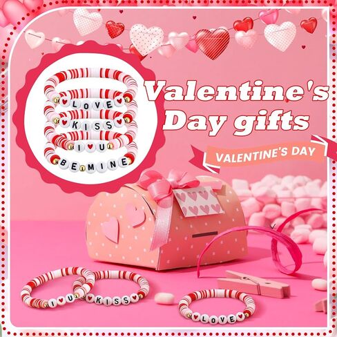 24 Pcs Valentine's Day Bracelet Bulk Heart Polymer Clay Beaded Stretch Valentines Bracelets for Women Galentines Party Favor in Saudi Arabia