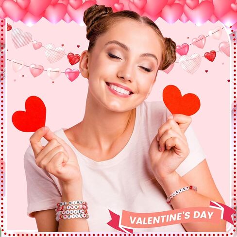24 Pcs Valentine's Day Bracelet Bulk Heart Polymer Clay Beaded Stretch Valentines Bracelets for Women Galentines Party Favor in Saudi Arabia