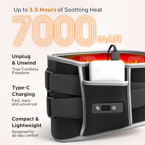 وسادة تسخين لتخفيف آلام الظهر: وسادة تسخين لاسلكية بقدرة 7000 مللي أمبير في الساعة لتدليك أسفل الظهر مع 6 حرارة و6 اهتزازات - وسادة تسخين محمولة قابلة لإعادة الشحن للنساء والرجال in Kuwait