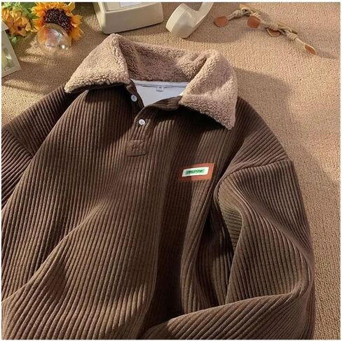 Oversized plus velvet padded corduroy button-down sweatshirt pullover warm contrasting polo hoodie(Brown,Medium) in Kuwait