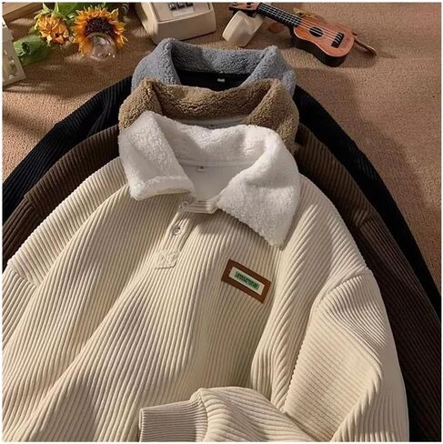 Oversized plus velvet padded corduroy button-down sweatshirt pullover warm contrasting polo hoodie(Brown,Medium) in Kuwait