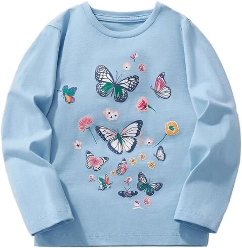 Girls Long Sleeve Crewneck T-Shirt, Butterfly Floral Graphic Casual Top for Daily Wear for 3-8 Years in Saudi Arabia