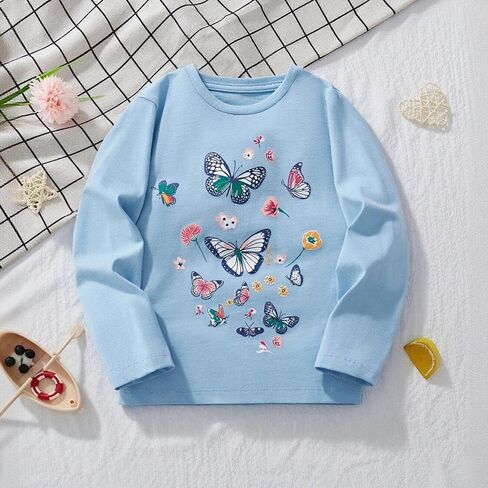 Girls Long Sleeve Crewneck T-Shirt, Butterfly Floral Graphic Casual Top for Daily Wear for 3-8 Years in Saudi Arabia