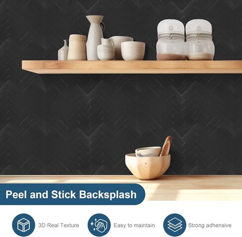 yipscazo متعرجة قشر وعصا باكسبلاش لجدار المطبخ، 10 أوراق عصا مقاومة للحرارة على باكسبلاش PVC البلاط الذكي، 12 بوصة أسود مقاوم للماء قشر وعصا بلاط للحمام in Kuwait