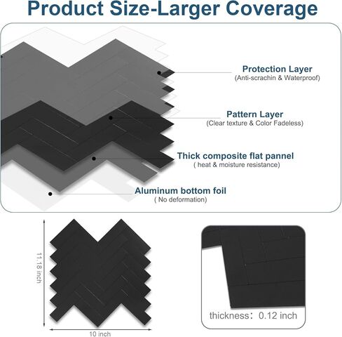 yipscazo متعرجة قشر وعصا باكسبلاش لجدار المطبخ، 10 أوراق عصا مقاومة للحرارة على باكسبلاش PVC البلاط الذكي، 12 بوصة أسود مقاوم للماء قشر وعصا بلاط للحمام in Kuwait