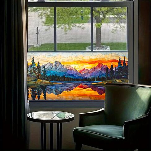 Window Film 39.3x17.7 Inches Stained Glass Style Mountain Lake Scene Decoration for Home Office Glass Decor Seasonal Decor Decorative Window Film Indoor Decoration in Saudi Arabia