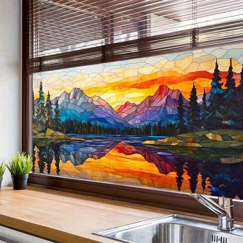 Window Film 39.3x17.7 Inches Stained Glass Style Mountain Lake Scene Decoration for Home Office Glass Decor Seasonal Decor Decorative Window Film Indoor Decoration in Saudi Arabia