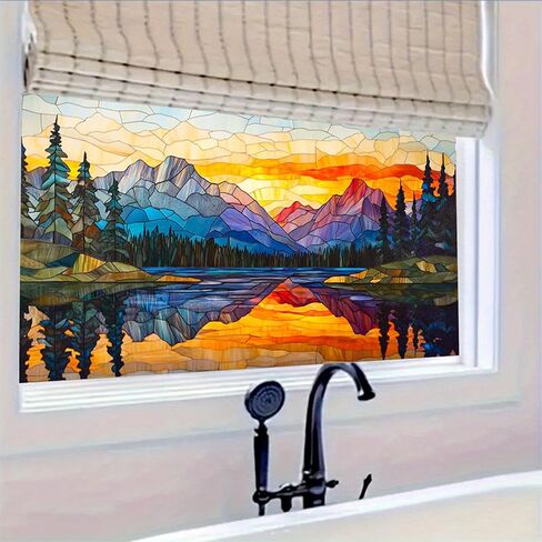 Window Film 39.3x17.7 Inches Stained Glass Style Mountain Lake Scene Decoration for Home Office Glass Decor Seasonal Decor Decorative Window Film Indoor Decoration in Saudi Arabia