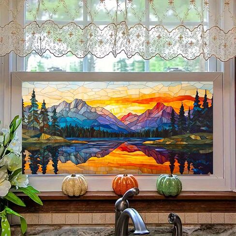 Window Film 39.3x17.7 Inches Stained Glass Style Mountain Lake Scene Decoration for Home Office Glass Decor Seasonal Decor Decorative Window Film Indoor Decoration in Saudi Arabia