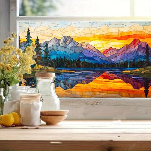 Window Film 39.3x17.7 Inches Stained Glass Style Mountain Lake Scene Decoration for Home Office Glass Decor Seasonal Decor Decorative Window Film Indoor Decoration in Saudi Arabia