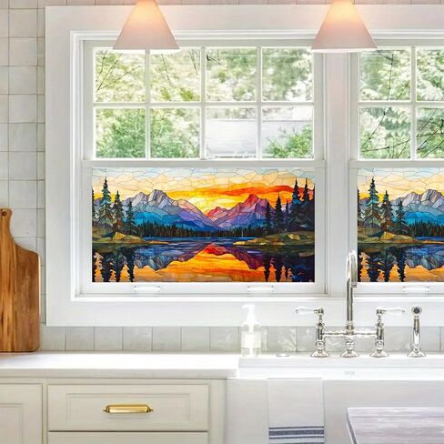 Window Film 39.3x17.7 Inches Stained Glass Style Mountain Lake Scene Decoration for Home Office Glass Decor Seasonal Decor Decorative Window Film Indoor Decoration in Saudi Arabia