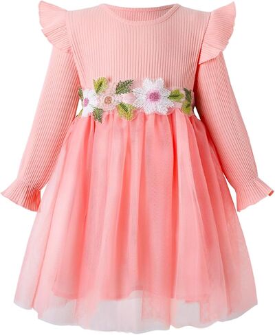 Girls' Long-Sleeved Dress with a Tulle Skirt at The Hem, Suitable for Children Aged 2-7 in Saudi Arabia